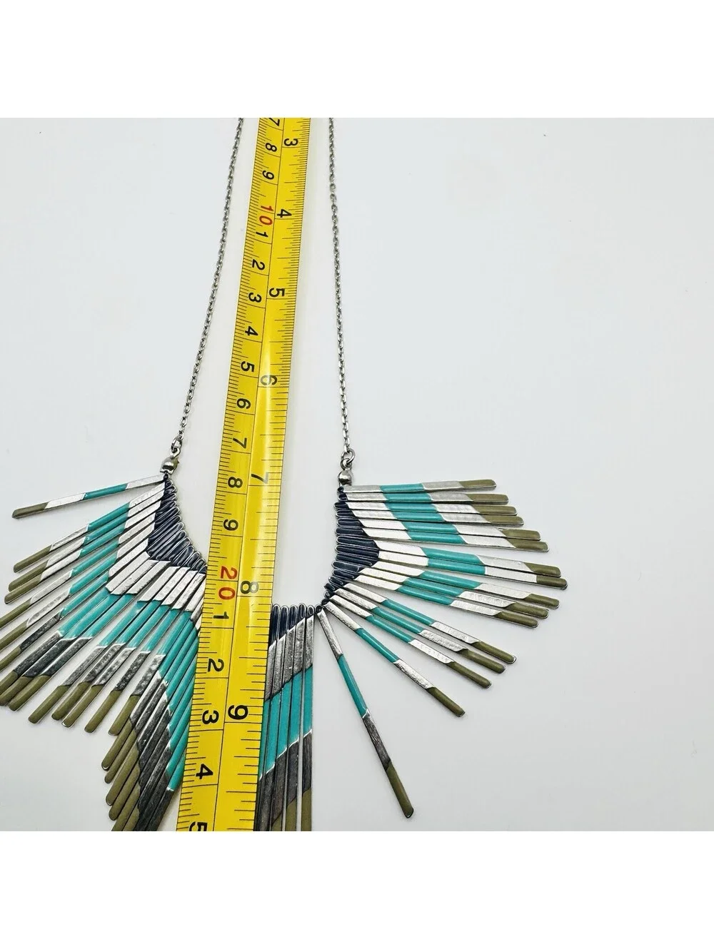Retro Boho/Tribal Statement Necklace, Metal Fringe, Silver Tone